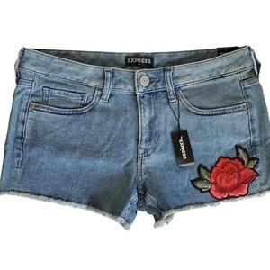 Express Rose Embroidered Denim Jean Shorts Shortie Booty Low Rise Womens Sz 4 - Picture 1 of 3