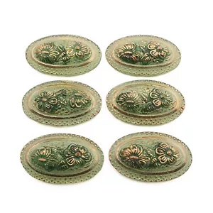 Lotto (6) cabochon in vetro verde floreale ovale bottoni senza gambo 42x25 mm ceco - Foto 1 di 3