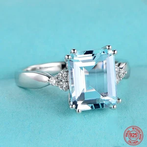 Natural Aquamarine Ring 925 Sterling Silver Turquoise Women Jewelry Size 6-10 - Picture 1 of 5