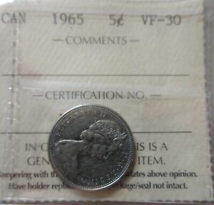 1965 Canada Five Cents Coin. ICCS Certified Nickel 5 cents 5c