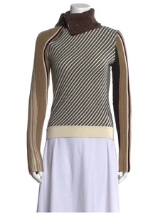 Carven Neutral Wool Striped Knit Sweater Size XS Asymmetrical Zip Preppy Luxury - Picture 1 of 3