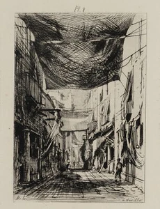M. LALANNE (1827-1886), Straßenszene mit Wäscheleinen, 1866, Rad. Expressionism - Bild 1 von 5