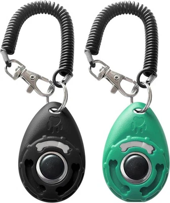 BRANDED Pet Training Clicker with Wrist Strap for Dogs - 2 Pack (Black & Bluegreen)