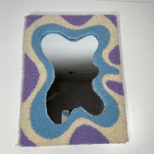 Groovy Retro Tufted Blue Purple And Cream Wavy Wall Hanging Mirror Decor - Picture 1 of 5