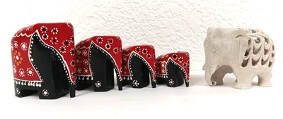 4 figuras de la suerte pintadas a mano de recuerdo de la familia elefante tallada de Sri Lanka + bonificación Foto 1 de 4