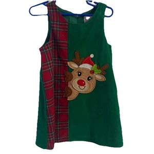Rare Editions 3T Christmas Reindeer Dress Red Plaid Green Corduroy - Picture 1 of 5