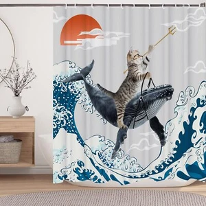 Funny Cute Cat Shower CurtainJapan Cat Whale with Ocean Sea Wave Waterproof S... - Picture 1 of 7