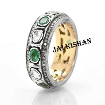 Smeraldo Naturale Gemma Polki Pavé di Diamanti 925 Argento Vittoriano Anello - Immagine 1 di 4