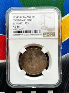 NGC AU 58  1934 D 5 Mark German WW2 90% SILVER  Garrisonkirche W/D  Reich Coin - Picture 1 of 2
