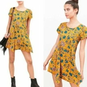 Floral Shift Mini Dress Womens S Yellow Mustard Lagenlook Summer SILENCE NOISE - Picture 1 of 10