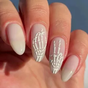 Short almond shaped wearing nail plate Halloween bone nail art white solid color - Picture 1 of 8