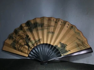 Chinese Antique Qing Dynasty Landscape Paintings Wood Handpainted Folding Fan - Picture 1 of 8