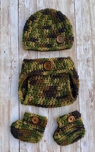 Crochet Newborn Baby CAMO Beanie Button, Diaper Cover, Booties Photo Prop Set - Picture 1 of 3