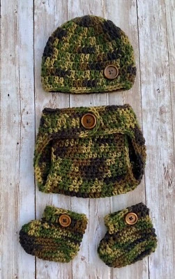 Crochet Newborn Baby CAMO Beanie Button, Diaper Cover, Booties Photo Prop Set - Image 1 of 3