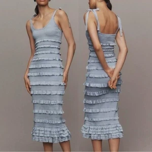 V. Chapman Lotus Rüschen Bodycon Bindeärmel Midikleid in Arctic Ice 10 Neu mit Etikett - Bild 1 von 9