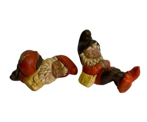 2 Vtg 1970’s Garden GNOME / Elf Statues Hand Painted Ceramic Patchwork Sleeping - Picture 1 of 17