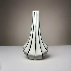 Vintage Keramik Vase gerippt langer Hals schwarz weiß Genie Vase Gefäß Steingut - Bild 1 von 14