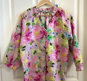 Hester & Orchard Linen Blend Pink Watercolor Floral Top 3/4 Sleeve Button Up SZM - Picture 1 of 8