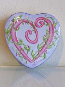 Brighton Heart Shaped Jewelry Box tin 5-1/2" x 5-1/2" Design #1 pink green vines
