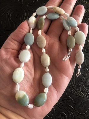 Blue Green Natural Amazonite Stone 17.5” Necklace Mother of Pearl Accents 925 - Image 1 of 4