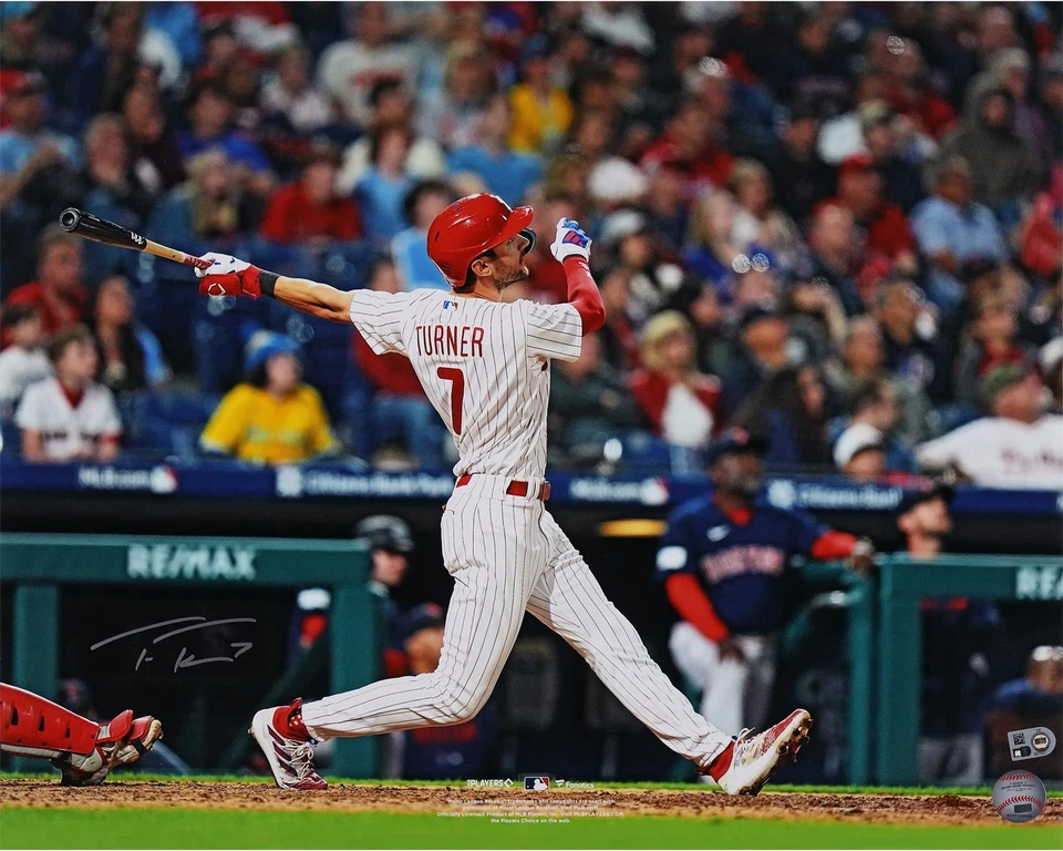 Trea Turner Philadelphia Phillies Signed 16x20 White Jersey Hitting Photograph - Image 1 of 1