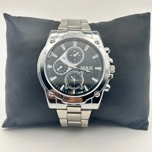 M&H Silver Tone Black Dial 46mm Men’s Watch Working New Battery - Picture 1 of 9