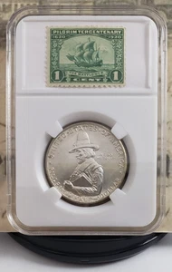 Medio dólar de plata conmemorativo del tercer centenario peregrino 1920 con estampillas vintage 8 - Imagen 1 de 10