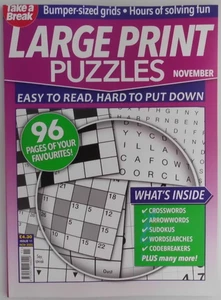 Take a Break Large Print Puzzles #11 November 2025 Crosswords Wordsearch Sudoku - Picture 1 of 1