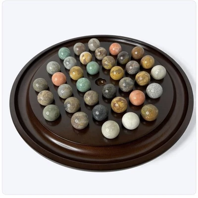 1994 Bombay Company Solitaire Marble Game 13.5" Wooden Board 36 Marbles Pouch - Image 1 of 4