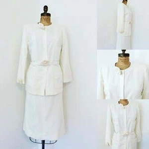 Chanel Vintage 1980's Skirt Suit White Cotton with 3 Iconic Camellia Flower Pins - Picture 1 of 10
