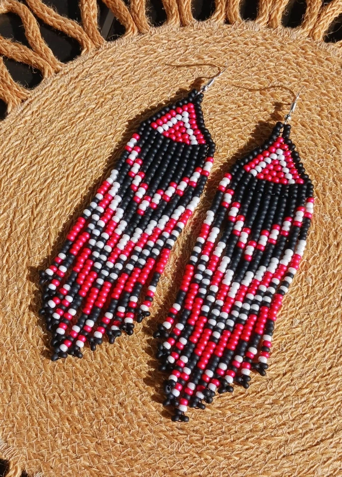 Black and red earrings czech glass beads vintage beaded retro earrings bohemian  - Image 1 of 1