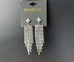 Bebe Jewelry Earrings Chandelier Drop 3” Silver - Faux Diamonds/ Crystals Sexy