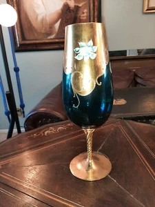 Vintage Sheres Vase . Italian made. Hand painted 15" . Teal blue glass. - Picture 1 of 9