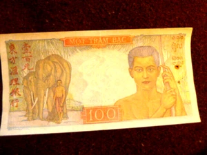 FRANZÖSISCH INDO CHINA 100 Piaster 1947 ELEFANT VIETNAM BANKNOTE - Bild 1 von 2