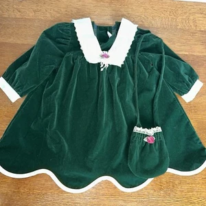 Evy Vintage 18 mo. Green velvet & cream Satin dress with Matching purse - Picture 1 of 8