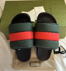Gucci Web Puffer Nylon Slides Sandals Sz 38 Made In Italy BNIB - Picture 1 of 7