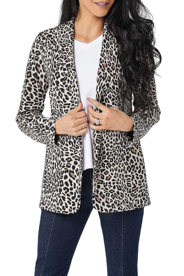 Susan Graver Petite PrintorSolid LK Fusion Collar Blazer Brown Animal - Image 1 of 1