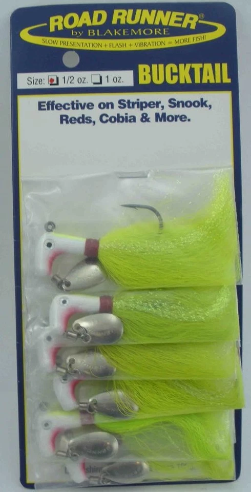 Tarjeta de 6 Chartreuse Blakemore 1006-12 Striper Bucktail Road Runner 1/2 oz Foto 1 de 1