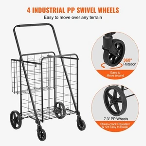 Folding Utility Cart with Double Baskets, 50 kg Capacity, 360o Swivel Wheels - Picture 1 of 7