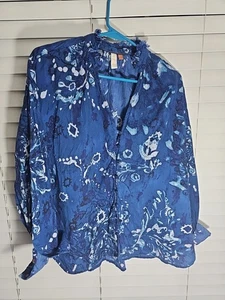 Anthropologie Pilcro Tavi Langarm fließende Bluse Rüschen indigo gefärbt blau LARGE - Bild 1 von 5