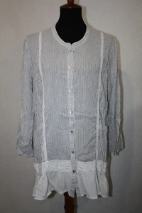 LOGO Lori Goldstein Sz L White Black Stripe 3/4 Sleeve Top Lace Trim Pockets - Picture 1 of 7