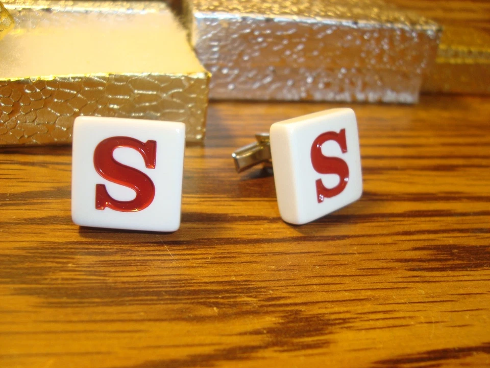 " S " Monogram Letter Initial SILVER Plated Cufflinks 1 Pair (Two)  Red/White   - Image 1 of 3