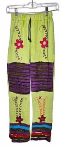 K.P.C. Handmade Lime Green Bohemian Floral Embroidered Lounge Pants Large - Picture 1 of 11
