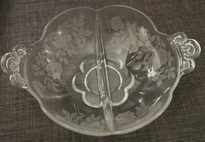 Duncan Miller Etched Roses 2-division Crystal Relish Bowl Scarce - Picture 1 of 6
