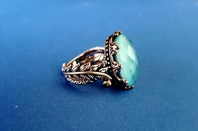 BARBARA BIXBY 18K 925 Sterling Turquoise Doublet Ornate Feather Ring Size 8 - Image 1 of 4