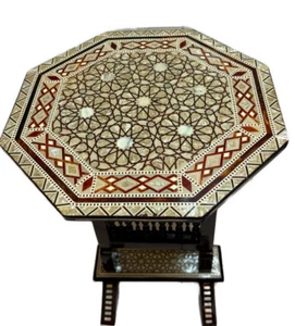 Handmade Wooden End Table Carving Wood Table Home Decor Mother of Pearl Inlay - Picture 1 of 15