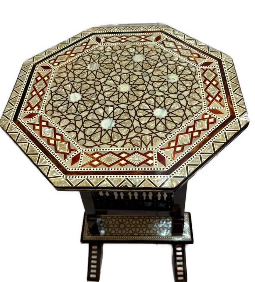 Handmade Wooden End Table Carving Wood Table Home Decor Mother of Pearl Inlay - Image 1 of 4
