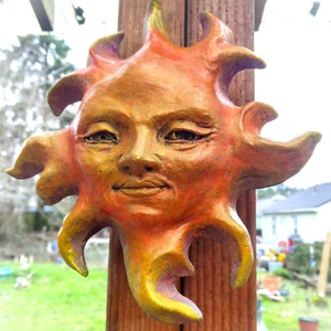 Golden Sun Face Wall Art, Cute Hanging Sculpture Signed by Artist, Weatherproof - Picture 1 of 16