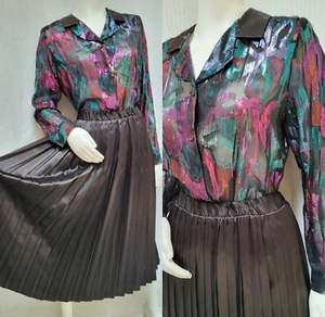 Vintage 80/90s TEDDI 2 Piece Sheer Metallic Top & Satin Pleated Skirt - Size L - Picture 1 of 11