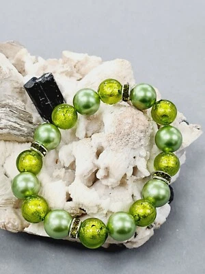 Damen Edelstein Armband Muschelkernperlen , Muranoglas Style grün - Bild 1 von 4